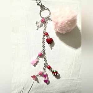 Pink and Red Charm Keychain with Pom Pom